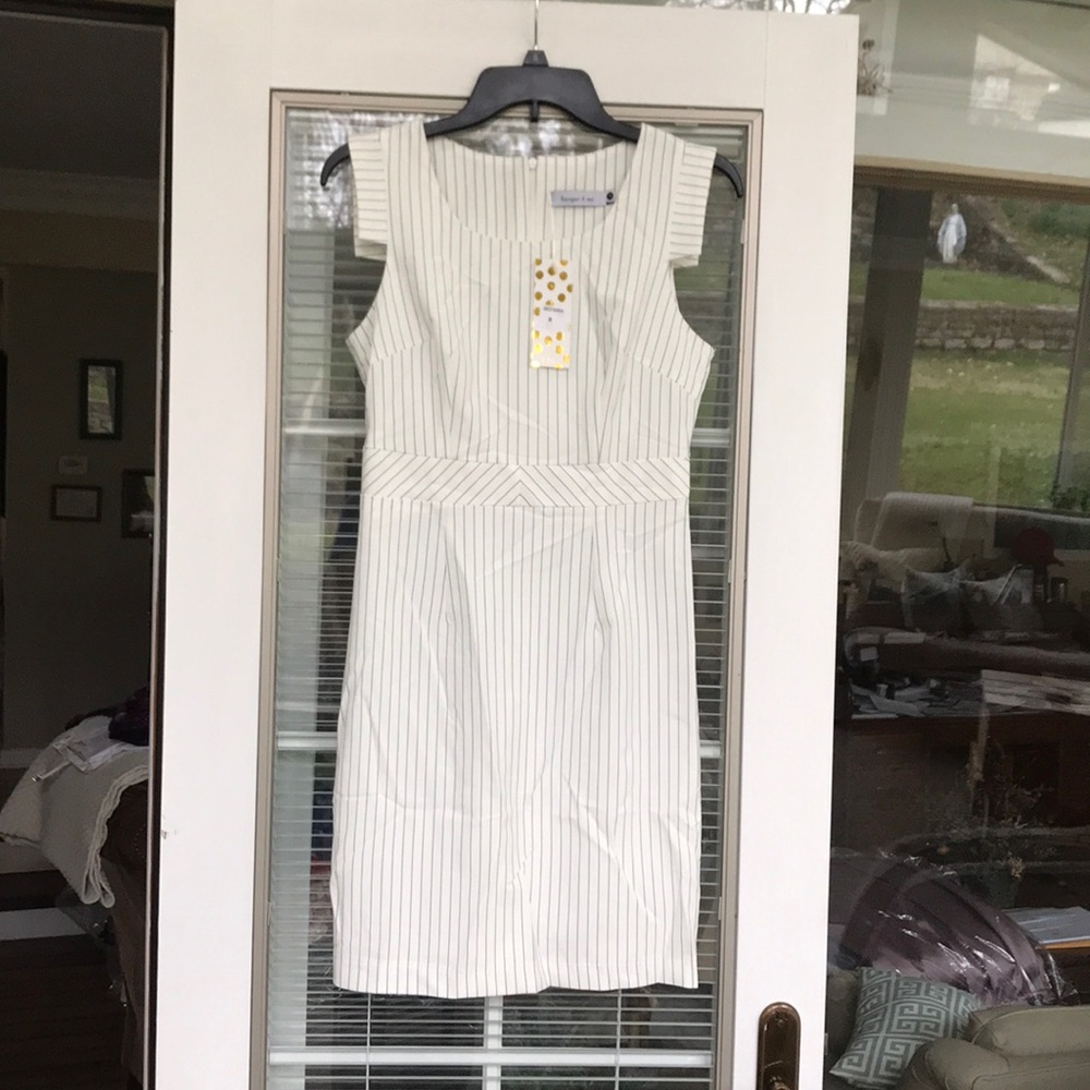 White and gray pinstripe cap sleeve dress